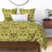 Scandinavian Birds and Flowers, Damask Design on Green / Large Scale