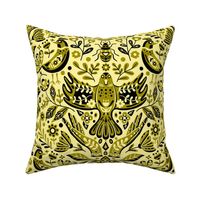 Scandinavian Birds and Flowers, Damask Design on Green / Large Scale