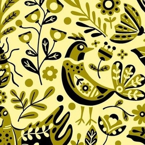 Scandinavian Birds and Flowers, Damask Design on Green / Large Scale