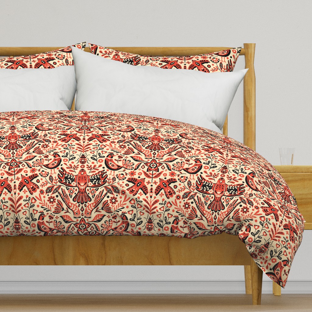 Scandinavian Birds and Flowers, Damask Design on Red / Large Scale