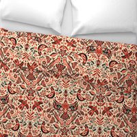 Scandinavian Birds and Flowers, Damask Design on Red / Large Scale