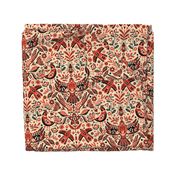 Scandinavian Birds and Flowers, Damask Design on Red / Large Scale