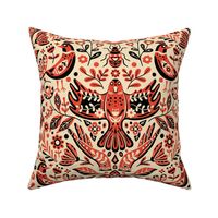 Scandinavian Birds and Flowers, Damask Design on Red / Large Scale