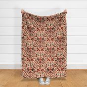 Scandinavian Birds and Flowers, Damask Design on Red / Large Scale