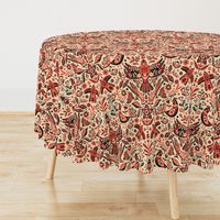 Scandinavian Birds and Flowers, Damask Design on Red / Large Scale