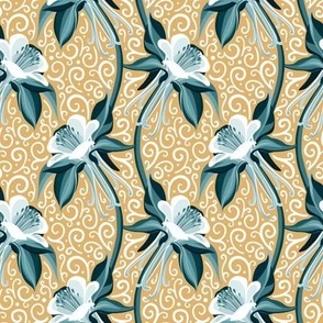 Whimsical Columbine Flowers (blue on gold)