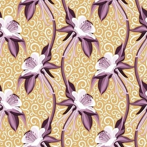 whimsical Columbine flowers (purple on gold)