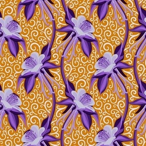 Whimsical  Columbine Flowers (purple on orange)