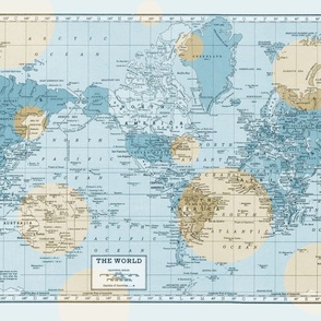 Colorful, vintage blue and beige world map with a modern twist