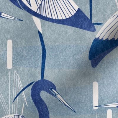 Art Deco Great Egret - Monochrome Blue and White