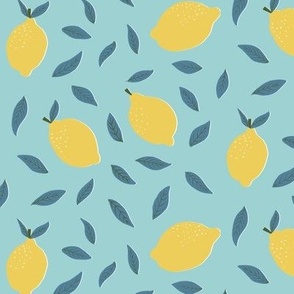 Lemons and Leaves || Coastal Cottage  Collection || Yellow lemons  on Blue  by Sarah Price 