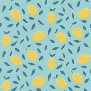 Lemons and Leaves || Yellow lemons  on Blue || Coastal Cottage  Collection by Sarah Price 