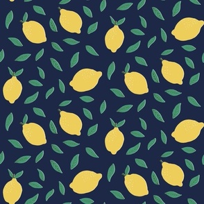 Lemons and Leaves|| Yellow lemons  on  Navy Blue || Coastal Cottage  Collection by Sarah Price 