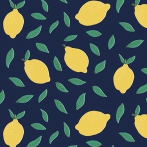 Lemons and Leaves || Coastal Cottage  Collection || Yellow lemons  on Navy Blue  by Sarah Price 