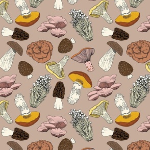 Hand Drawn Edible Mushrooms / Pale Pink Puce  / LRG 12in