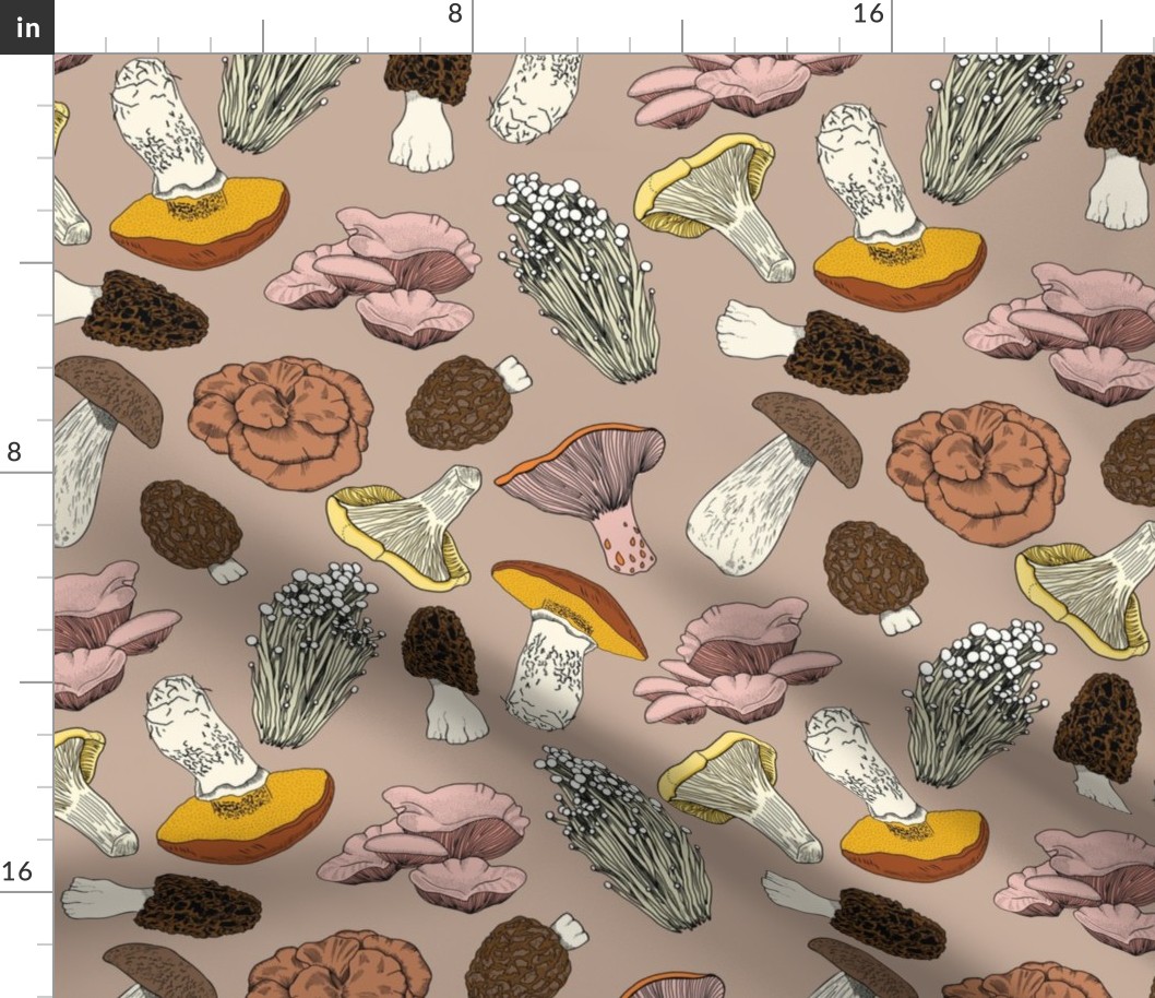 Hand Drawn Edible Mushrooms / Pale Pink Puce  / LRG 12in