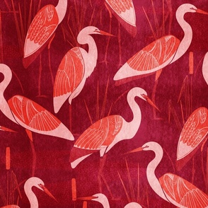 Art Deco Great Egret - Royal Red and Pink