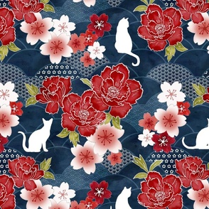 Oriental Cats red, peach & navy (Koi and sakura blossom in blue coordinate)