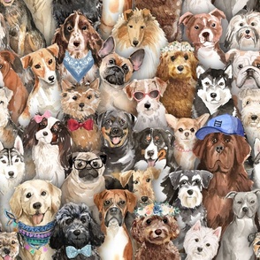 (large) All the dogs DRESSED UP – watercolor dog breed family portrait with bow ties, bandanas, cute for dog lovers  (large scale) 