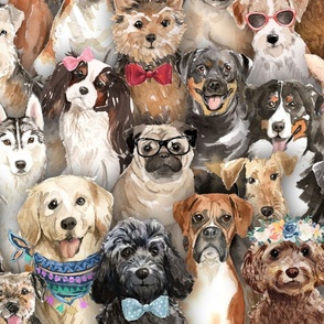 (X LARGE) All the dogs DRESSED UP – watercolor dog breed family portrait with bow ties, bandanas, cute for dog lovers  (X LARGE scale) 