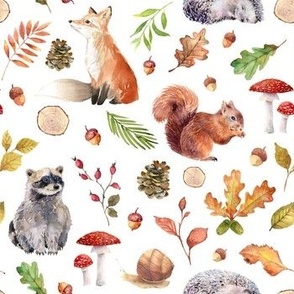 (small) Watercolor forest friends. cute woodland animals like fox, squirrel, hedgehog, raccoon with autumn leaves on white, small scale  