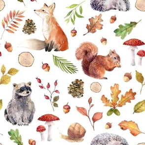(medium) Watercolor forest friends. cute woodland animals like fox, squirrel, hedgehog, raccoon with autumn leaves on white, medium scale 