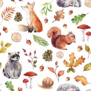 (large) Watercolor forest friends. cute woodland animals like fox, squirrel, hedgehog, raccoon with autumn leaves on white, large scale 