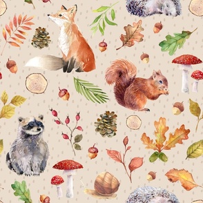 (large) Watercolor forest friends. cute woodland animals like fox, squirrel, hedgehog, raccoon with autumn leaves on beige, large scale 