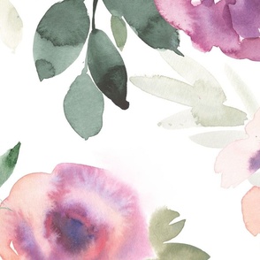 (X LARGE) Pink and purple watercolor florals JASMINE, handpainted rose flowers (X LARGE scale) 