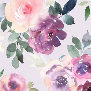 (LARGE) Pink and purple watercolor florals JASMINE, handpainted rose flowers on lavender (LARGE scale) 