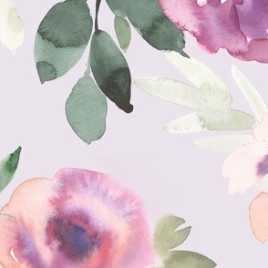 (X LARGE) Pink and purple watercolor florals JASMINE, handpainted rose flowers on lavender (X LARGE scale) 