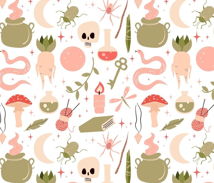 Cute colorful cartoon seamless pattern with wtch stuff