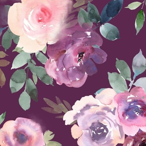 (LARGE) Pink and purple watercolor florals JASMINE, handpainted rose flowers on burgundy (LARGE scale) 