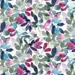 (small) Pink, purple and blue watercolor leaves, handpainted greenery on white (small  scale) 