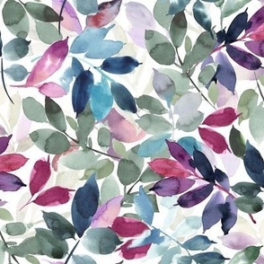 (medium) Pink, purple and blue watercolor leaves, handpainted greenery on white (medium  scale) 