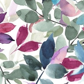 (LARGE) Pink, purple and blue watercolor leaves, handpainted greenery on white (LARGE scale) 