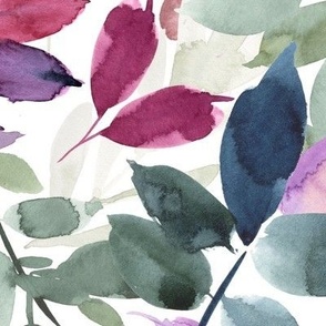 (X LARGE) Pink, purple and blue watercolor leaves, handpainted greenery on white (X LARGE scale) 