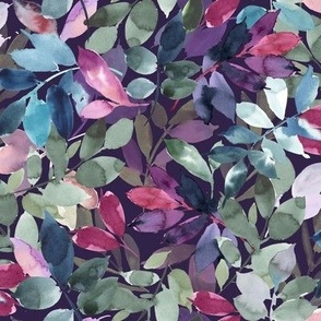 (medium) Pink, blue and green watercolor leaves, handpainted greenery on dark purple blue (medium  scale) 