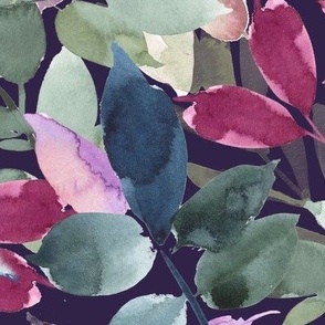 (X LARGE) Pink, blue and green watercolor leaves, handpainted greenery on dark purple blue (X LARGE scale) 
