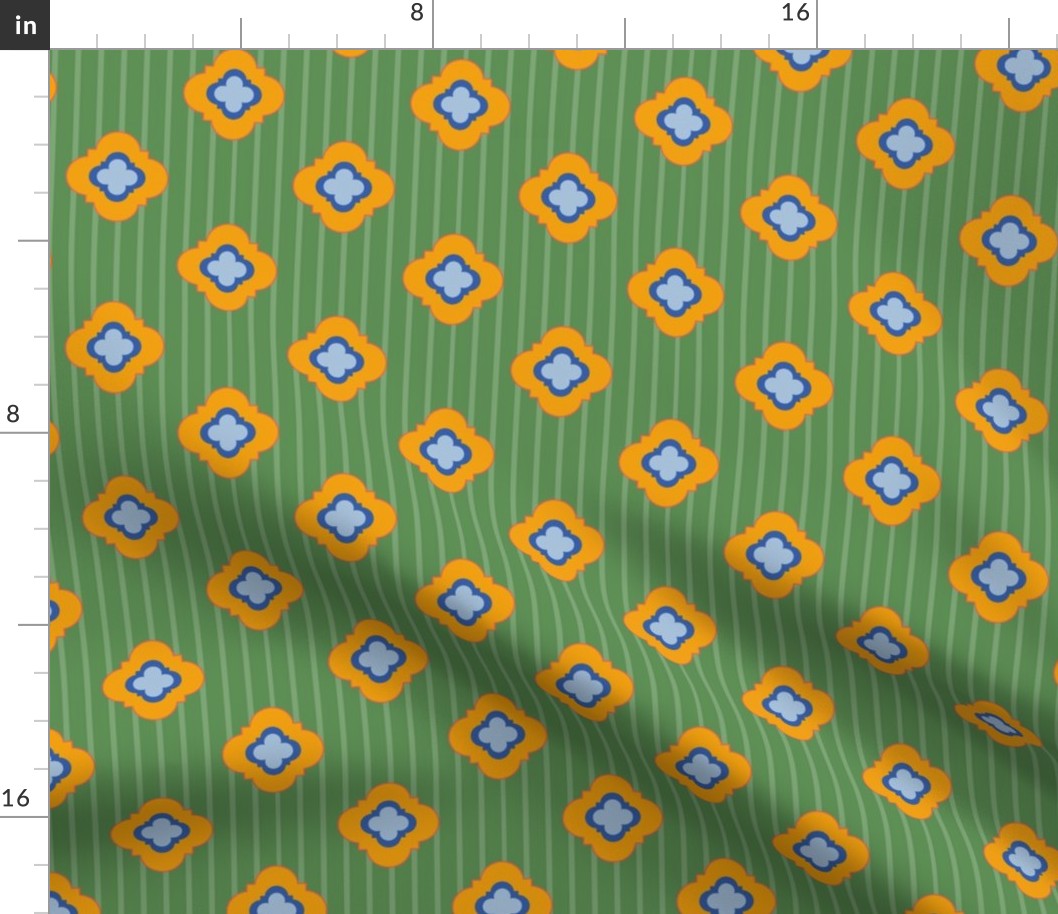 marigold quatrefoils on kelly green stripes | medium
