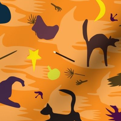 Hello Witch - Halloween orange black yellow purple witch cat broom