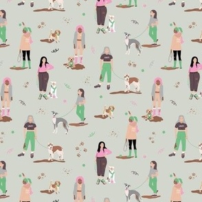 Muddy walkies - dog walking girls with beagle golden retriever puppy husky and whippet dogs on leashes with mud paws and balls pink green on mist sage green gray