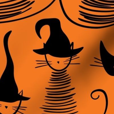 eclectic witch cat - black on orange duke cat - halloween cat fabric and wallpaper