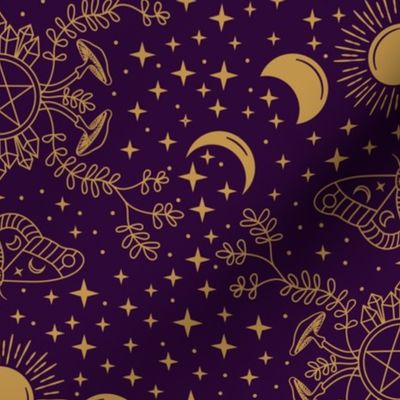 Witchcraft Damask in Dark Purple and Gold, Magical Starry Night Sky and Witch Items