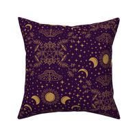 Witchcraft Damask in Dark Purple and Gold, Magical Starry Night Sky and Witch Items