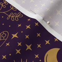 Witchcraft Damask in Dark Purple and Gold, Magical Starry Night Sky and Witch Items