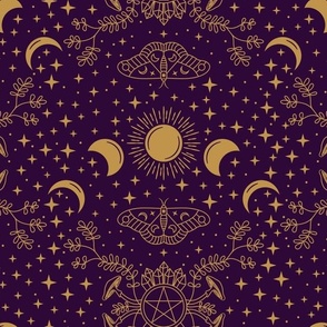 Witchcraft Damask in Dark Purple and Gold, Magical Starry Night Sky and Witch Items
