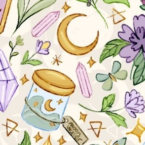 Witchcraft sketches with moon phases, potions, crystals and more (jumbo size version, beige background)