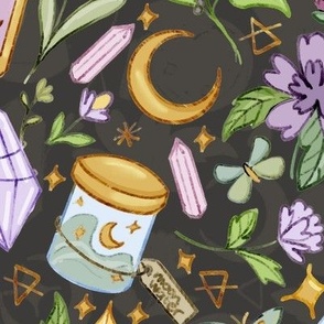 Witchcraft sketches with moon phases, potions, crystals and more (jumbo size version, black background)