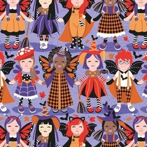 Small scale // Witches dance // lilac background red orange and purple halloween fantasy costumes